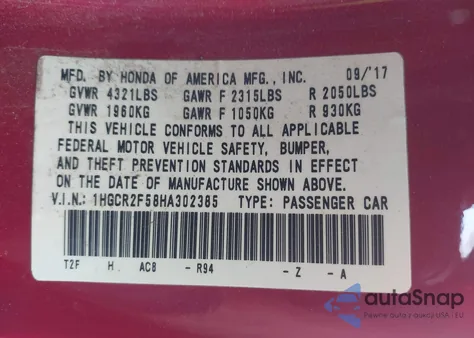 2017 Honda Accord Sport z USA, uszkodzony, nr VIN 1HGCR2F58HA302385